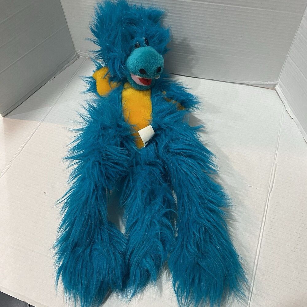 Vtg 1994 Hosung Fuzzy Shaggy Neon Blue Dragon Marionette Puppet with No Strings
